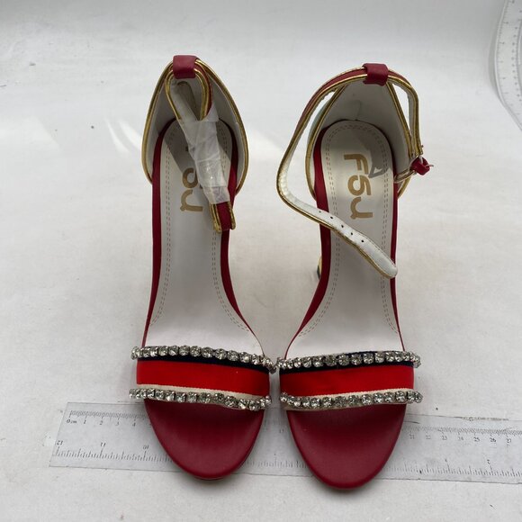 FSJ Women Flower Gold Metal Chain Chunky High Heels Ankle Strap Sandal Red Green - Picture 3 of 8